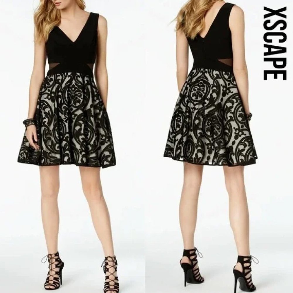 Navy Blue Sleeveless V Neck Fit & Flare X by Xscape Formal Cocktail Mini Dress